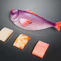 Purple And Pink Fish With Three Colorful Sashimi Slices On Dark Background
