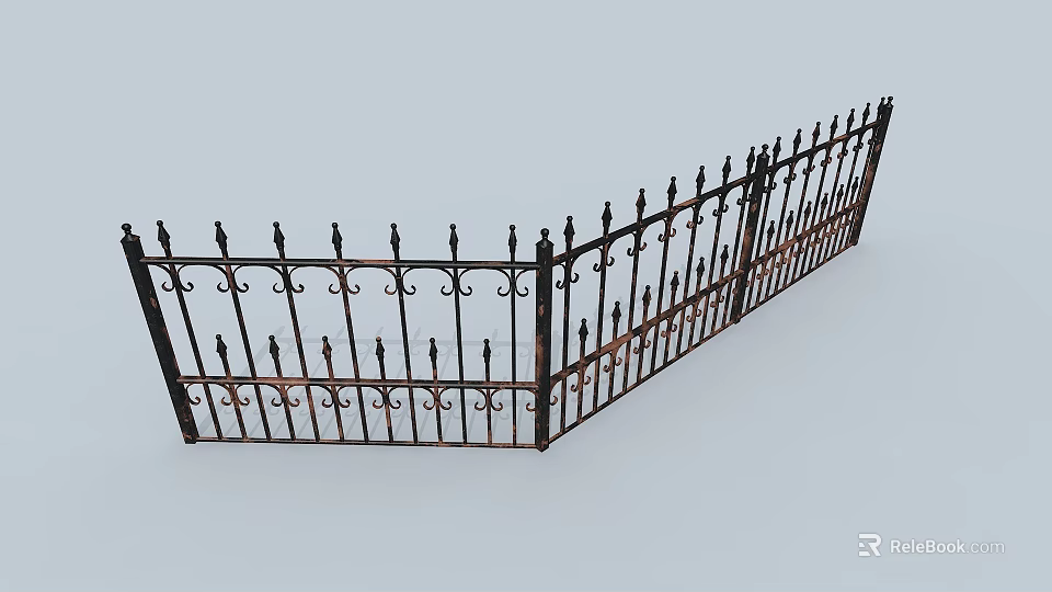 Antique Wrought Iron Fence With Spiked Top And Intricate Decorative Patterns 3d model 