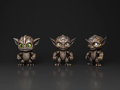 Three Cute Fantasy Game Movie Characters With Green Eyes Metallic Textured Bodies 3d model