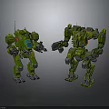 Two Green Mechanical Robots Standing With Mech Style Design And Arm Details