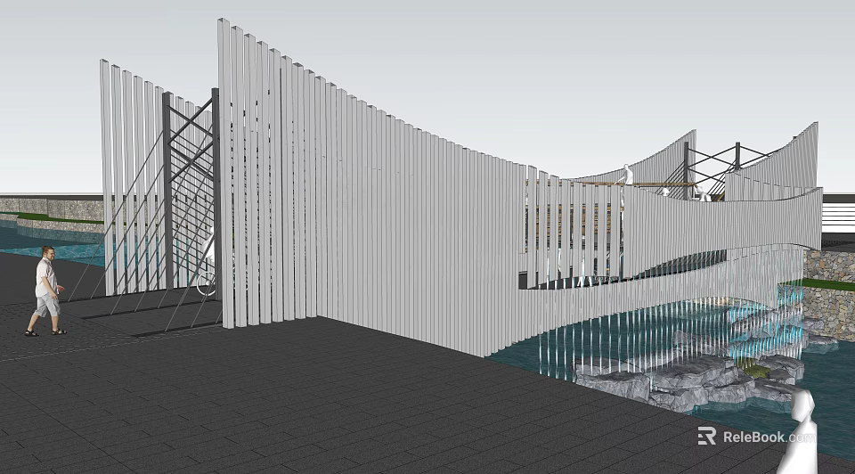 Modern Bridge Design With White Vertical Slats And Metal Framework Over Water 3d model 