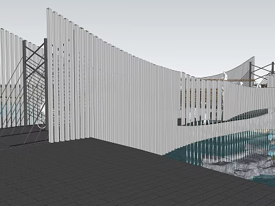 Modern Bridge Design With White Vertical Slats And Metal Framework Over Water 3d model