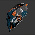 Futuristic Mechanical Helmet Blue Orange And White With Geometric Patterns And Circular Accents