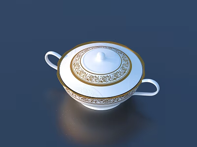 Elegant White Ceramic Dinnerware Set With Lid Two Handles And Gold Patterns 3d model