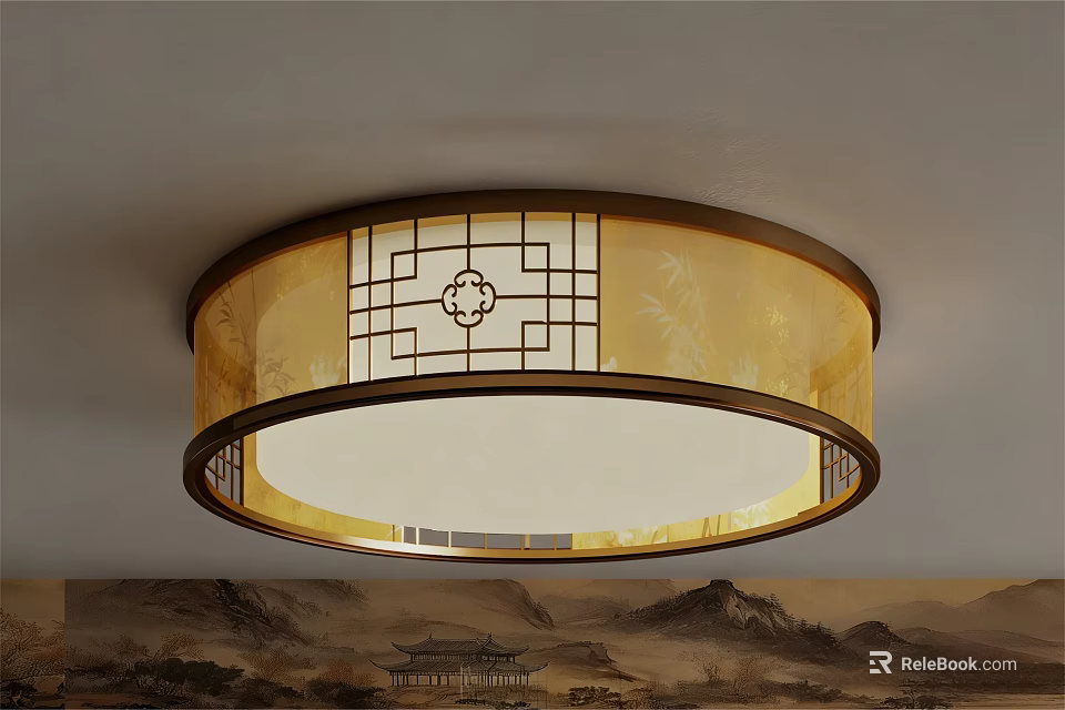 Chinese Style Round Ceiling Light With Lattice Design And Warm Glow 3d model