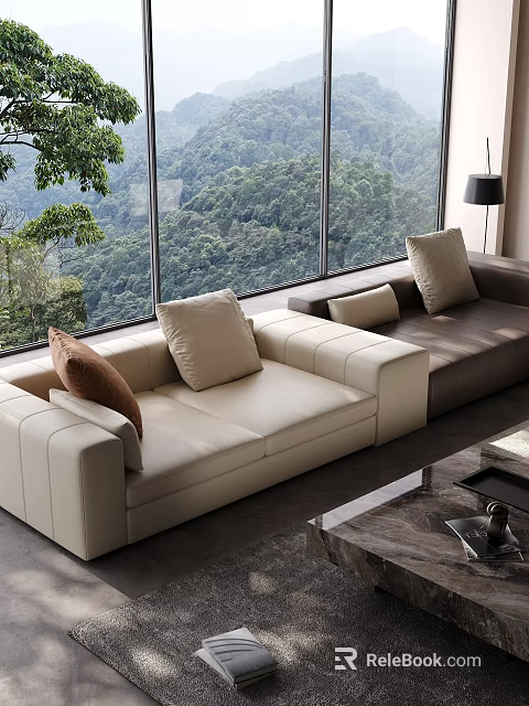 Modern Living Room With Large Windows Forest View Cream Brown Sofas Throw Pillows Floor Lamp 3d model