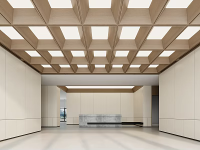 Modern Hotel Lobby Interior With Wooden Grid Ceiling Light Colored Walls And Sleek Flooring 3d model