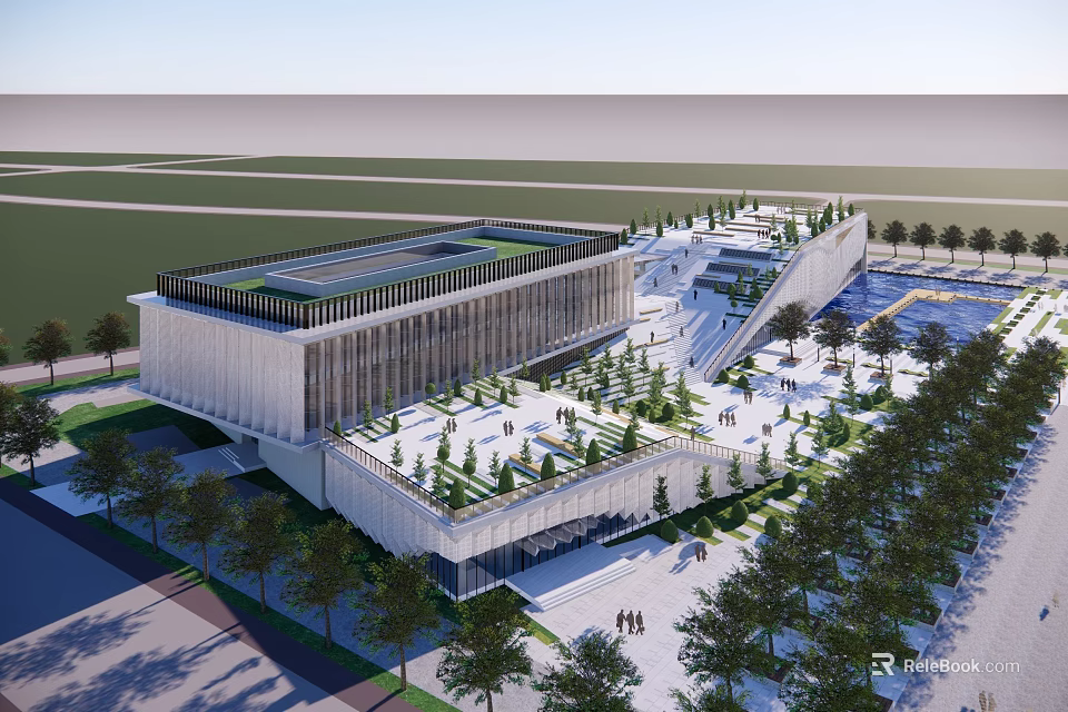 Modern Large Building With Rooftop Garden Surrounding Trees Plaza And Swimming Pool 3d model 