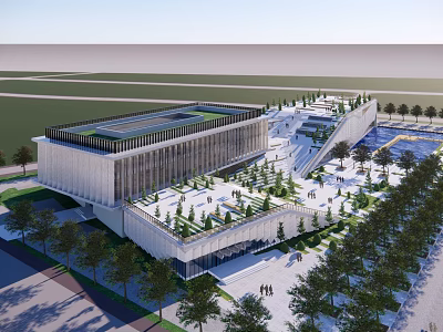 Modern Large Building With Rooftop Garden Surrounding Trees Plaza And Swimming Pool 3d model