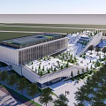 Modern Large Building With Rooftop Garden Surrounding Trees Plaza And Swimming Pool