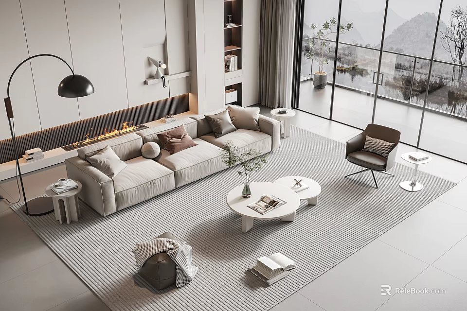 Modern Living Room Interior With Beige Sofa Fireplace Bookshelf Large Windows And Striped Rug 3d model 