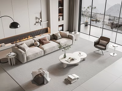 Modern Living Room Interior With Beige Sofa Fireplace Bookshelf Large Windows And Striped Rug 3d model
