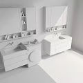Modern White Bathroom Vanity With Mirror Shelves And Washing Machine Setup 3d model