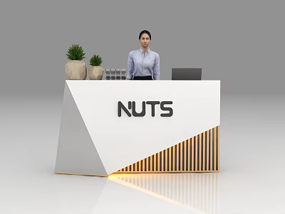 White Exhibition Reception Desk with NUTS Logo Potted Plants and Female Staff 3d model