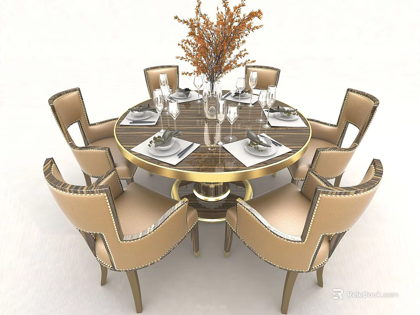 Elegant Round Dining Table With Marble Top Gold Legs Six Chairs Tableware And Decorative Plant 3d model 