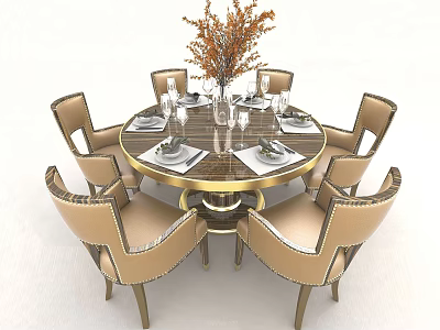 Elegant Round Dining Table With Marble Top Gold Legs Six Chairs Tableware And Decorative Plant 3d model