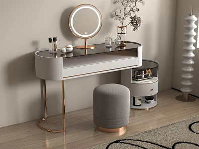 Modern Dressing Table with Gold Metal Legs White Countertop Round Mirror and Gray Stool 3d model