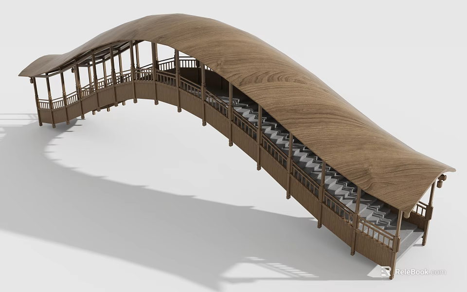 Modern Wooden Bridge Design With Curved Roof And Side Railings 3d model 