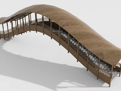 Modern Wooden Bridge Design With Curved Roof And Side Railings 3d model