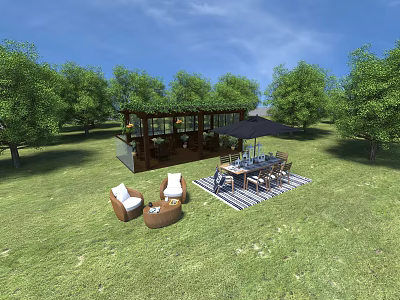 Garden Landscape Design With Green Grass Trees Wooden Deck Outdoor Furniture And Black Umbrella 3d model