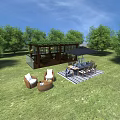 Garden Landscape Design With Green Grass Trees Wooden Deck Outdoor Furniture And Black Umbrella