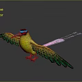 Colorful Bird With Yellow Body Green Wings Blue Head Long Tail Standing On Reflective Surface
