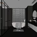 Modern Bathroom Interior With Freestanding Bathtub Large Window Blinds Glass Partition And Round Mirror Vanity