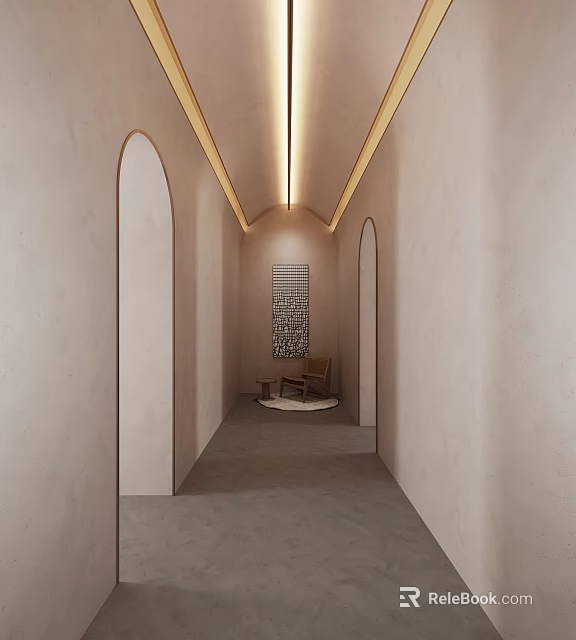 Elegant Hotel Corridor Interior With Arched Doorways Ceiling Lighting And Corner Chair 3d model 