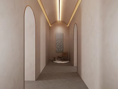 Elegant Hotel Corridor Interior With Arched Doorways Ceiling Lighting And Corner Chair 3d model