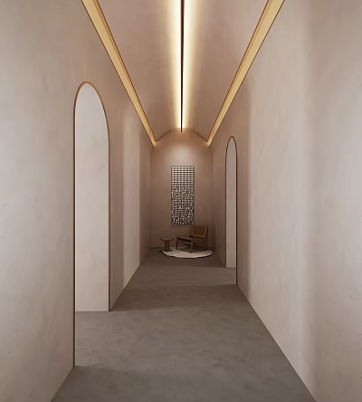 Elegant Hotel Corridor Interior With Arched Doorways Ceiling Lighting And Corner Chair 3d model