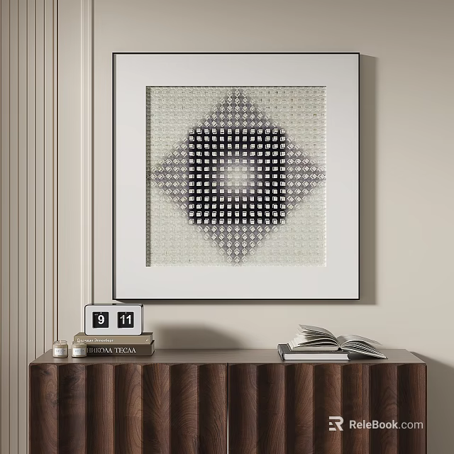 Geometric Art Print On Wall With Wooden Console Table Calendar Books And Magazines 3d model 