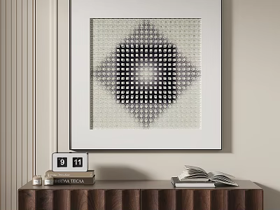 Geometric Art Print On Wall With Wooden Console Table Calendar Books And Magazines 3d model