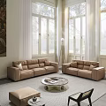 Elegant Leather Sofa and Coffee Table Set with Armchair Ottoman Large Windows and Artwork