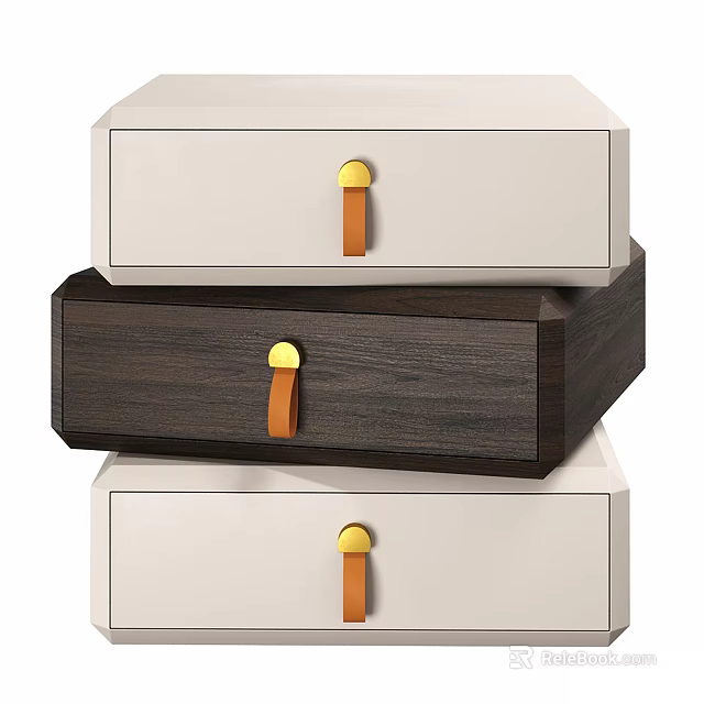 Modern Bedside Table Design With White And Dark Brown Drawers Gold Knob And Leather Pull 3d model 