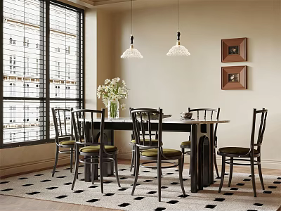 Stylish Dining Table Set With Chairs Pendant Lights Vase Windows And Checkerboard Rug 3d model