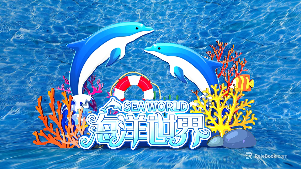 Vibrant SeaWorld Scene With Playful Dolphins Colorful Corals Lifebuoy And Fish 3d model 