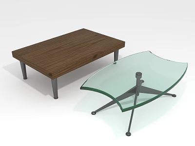 Modern Wooden Rectangular and Glass Curved Coffee Tables with Metal Legs 3d model