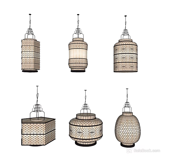 Traditional Oriental Woven Pendant Lights With Cylindrical Square Hexagonal Shapes And Intricate Design 3d model 