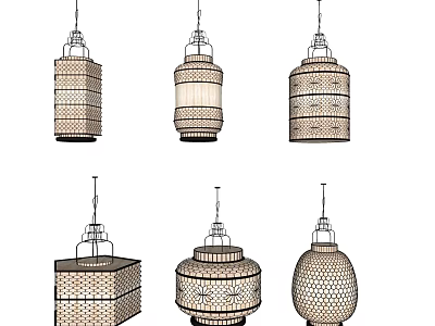 Traditional Oriental Woven Pendant Lights With Cylindrical Square Hexagonal Shapes And Intricate Design 3d model