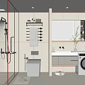 Modern Bathroom Interior With Glass Shower Enclosure Toilet Vanity Mirror And Washing Machine