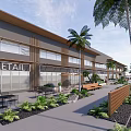 Modern Commercial Street With Retail Spaces Outdoor Seating Palm Trees Greenery And Pedestrian Walkways