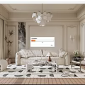 Elegant Modern Living Room Interior With Beige Sofa Chandelier And Patterned Rug