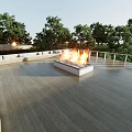 Rooftop Terrace With Wooden Deck Fire Pit Lounge Chairs And Green Trees