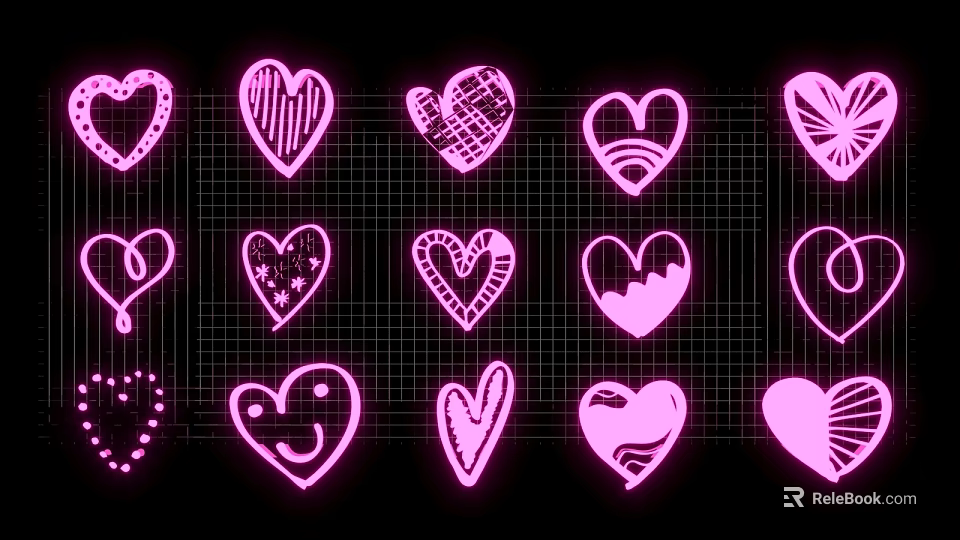 Neon Pink Heart Designs With Various Patterns On Black Grid Background 3d model