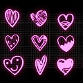 Neon Pink Heart Designs With Various Patterns On Black Grid Background 3d model