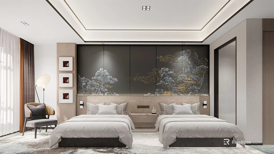 Modern Hotel Guest Room Interior With Twin Beds And Landscape Headboard Wall 3d model 