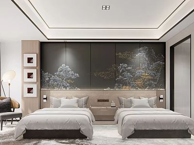 Modern Hotel Guest Room Interior With Twin Beds And Landscape Headboard Wall 3d model