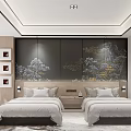 Modern Hotel Guest Room Interior With Twin Beds And Landscape Headboard Wall