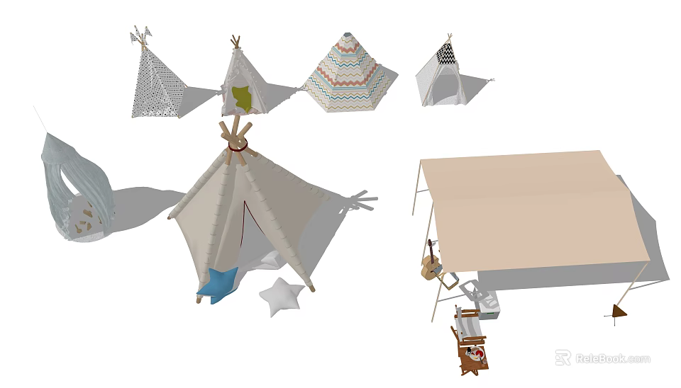 Camping Tents With Various Styles Including Tipi Designs Decorative Patterns And Accessories 3d model 