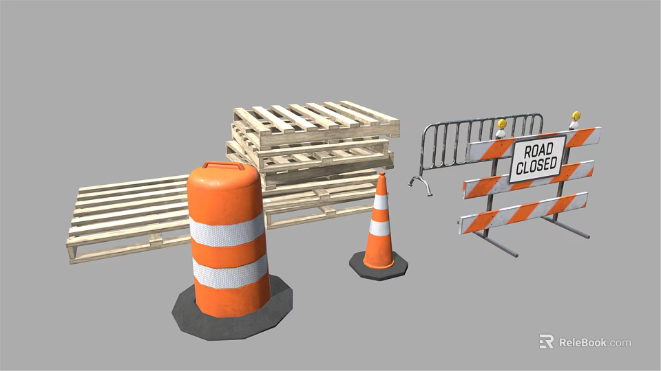 Traffic Cones Wooden Pallets Metal Barriers And Road Closed Signs At Construction Site 3d model 